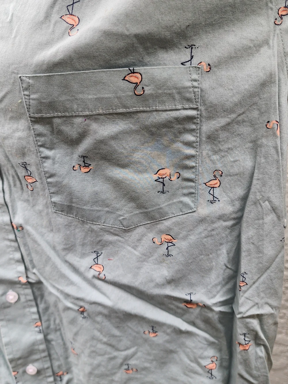 George Men’s Sage Green Pink Flamingo Print Short Sleeve Button Down L 42-44